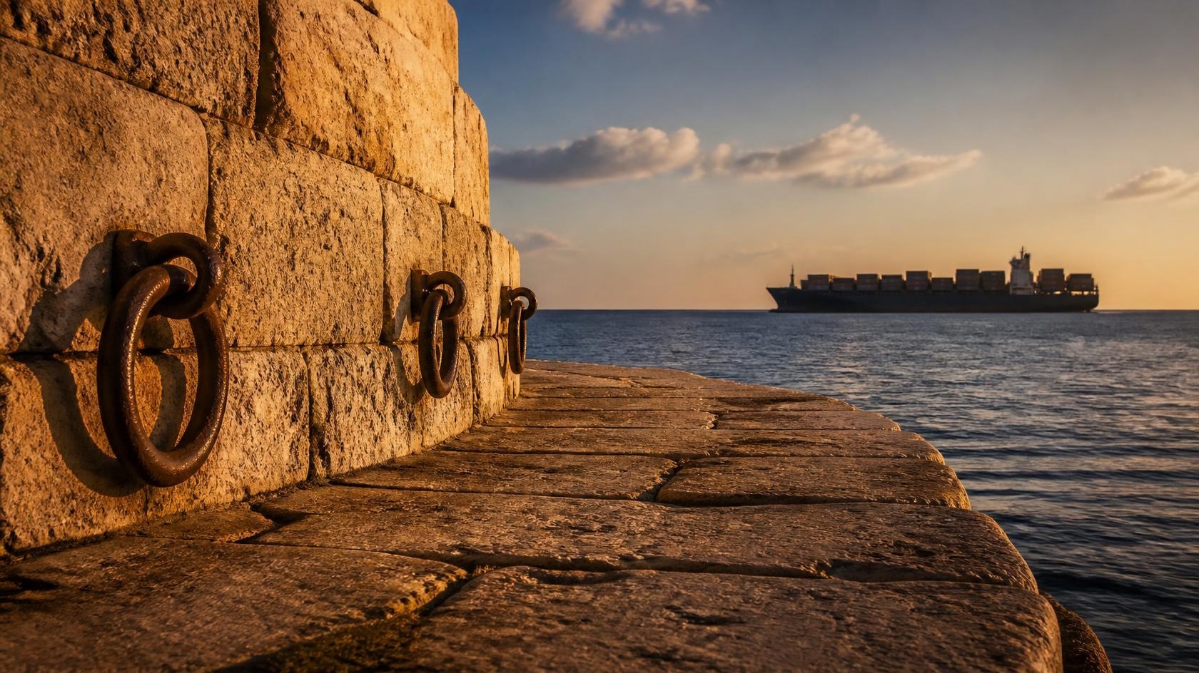 Ancient stone harbour wall in the foreground, modern container ship on the horizon at golden hour