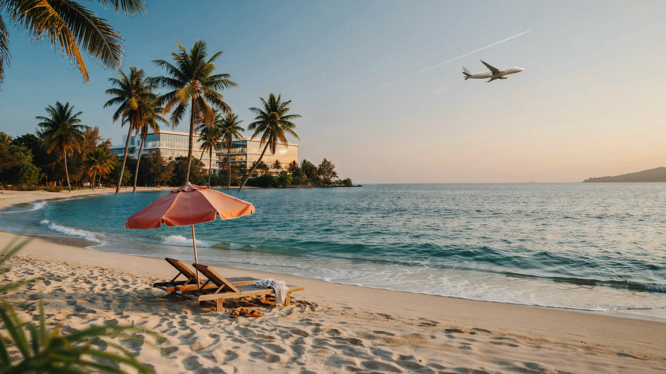 Tropical beach with turquoise water and white sand in the foreground, a modern hospital glimpsed through palm trees behind, a passenger jet contrail in the golden-hour sky