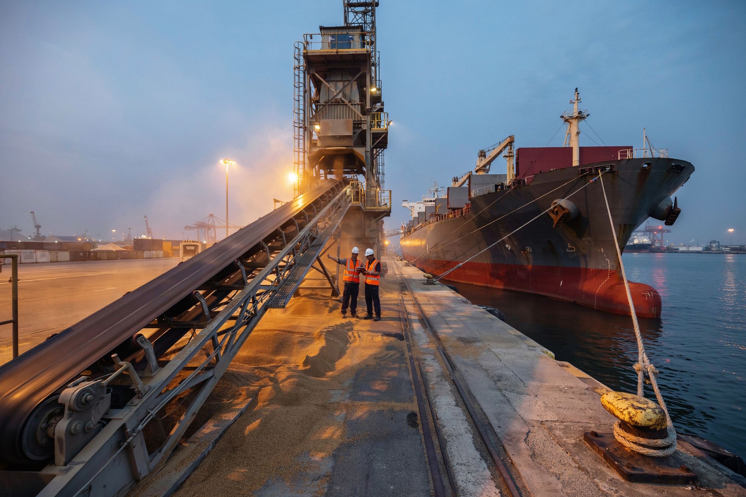 Bulk cargo loading operation at a port terminal at dusk