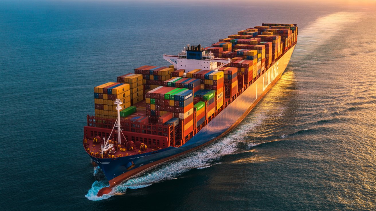 Container ship at sea, golden hour