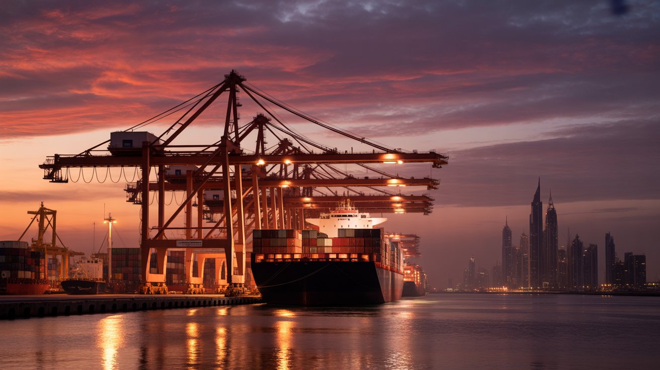 Dubai port at dusk with container cranes