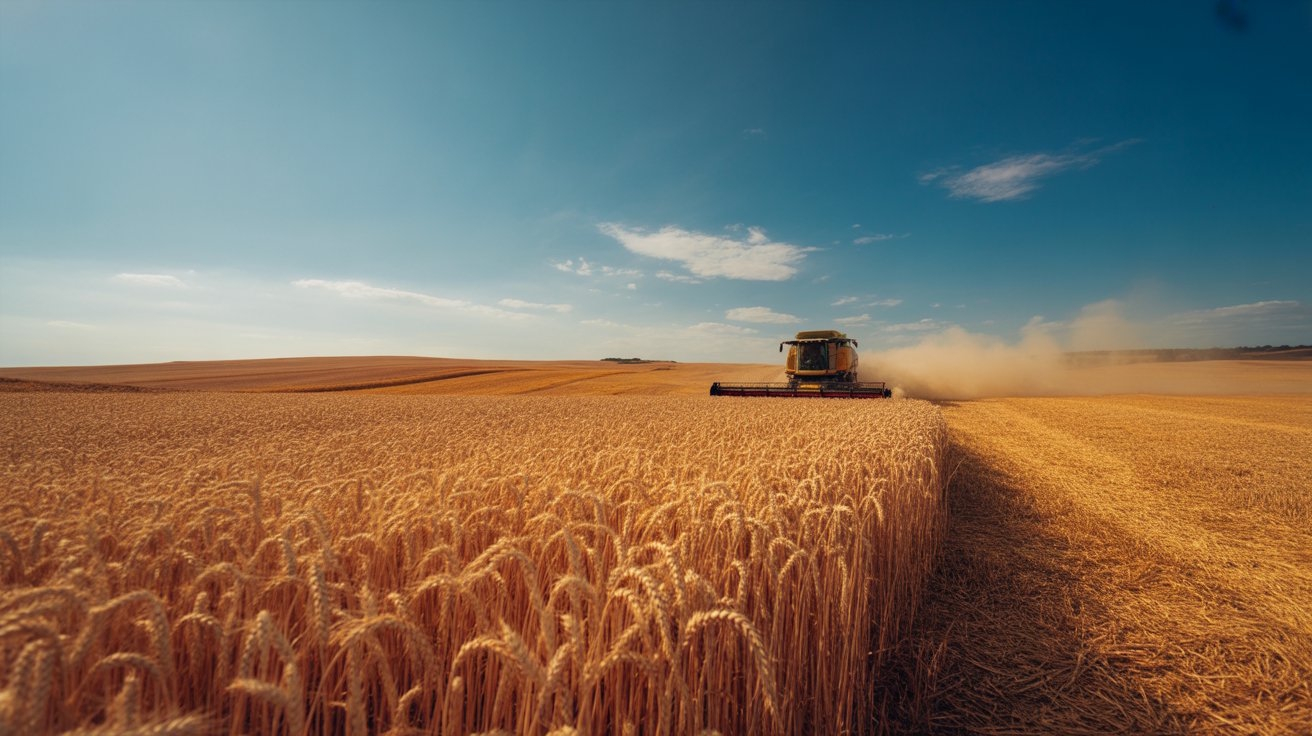 Australian wheat harvest, combine harvester in golden field