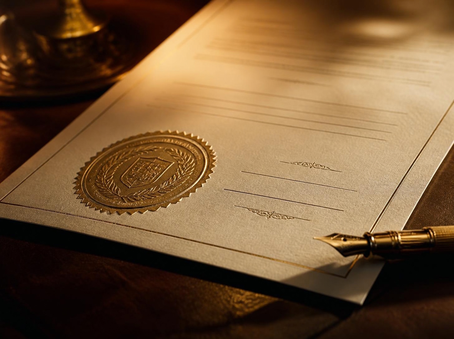 Formal trade document on dark polished surface with gold fountain pen, warm desk lamp light
