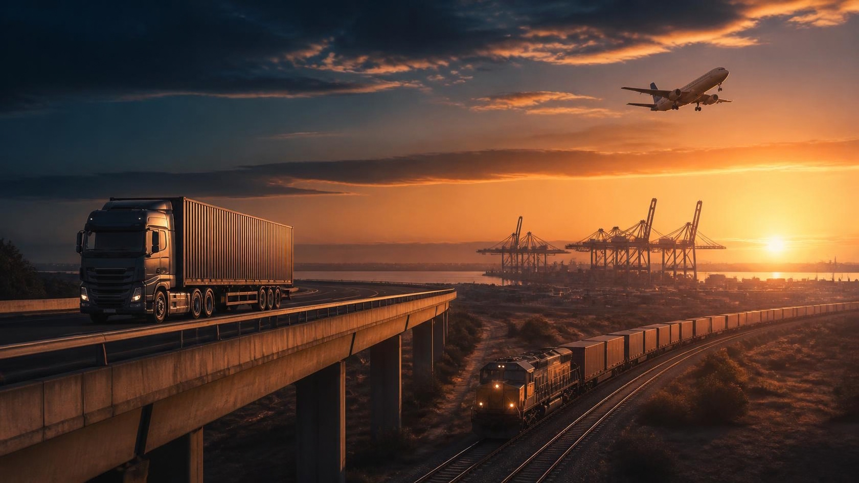 Multimodal transport convergence at golden hour — truck on overpass, freight train below, port terminal on the horizon