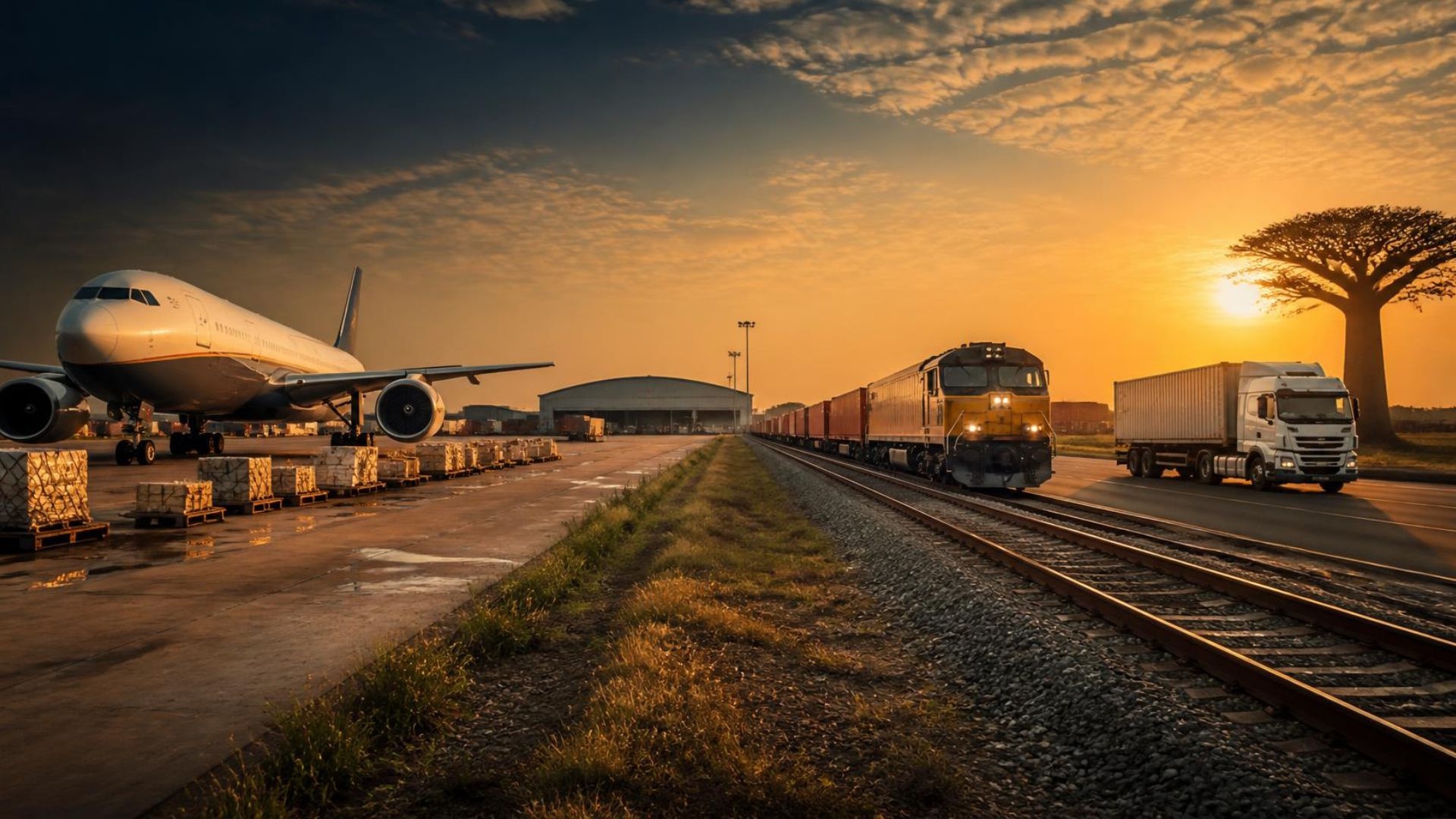 Cargo aircraft, freight train and truck at golden hour &mdash; Trade Watch Issue 18