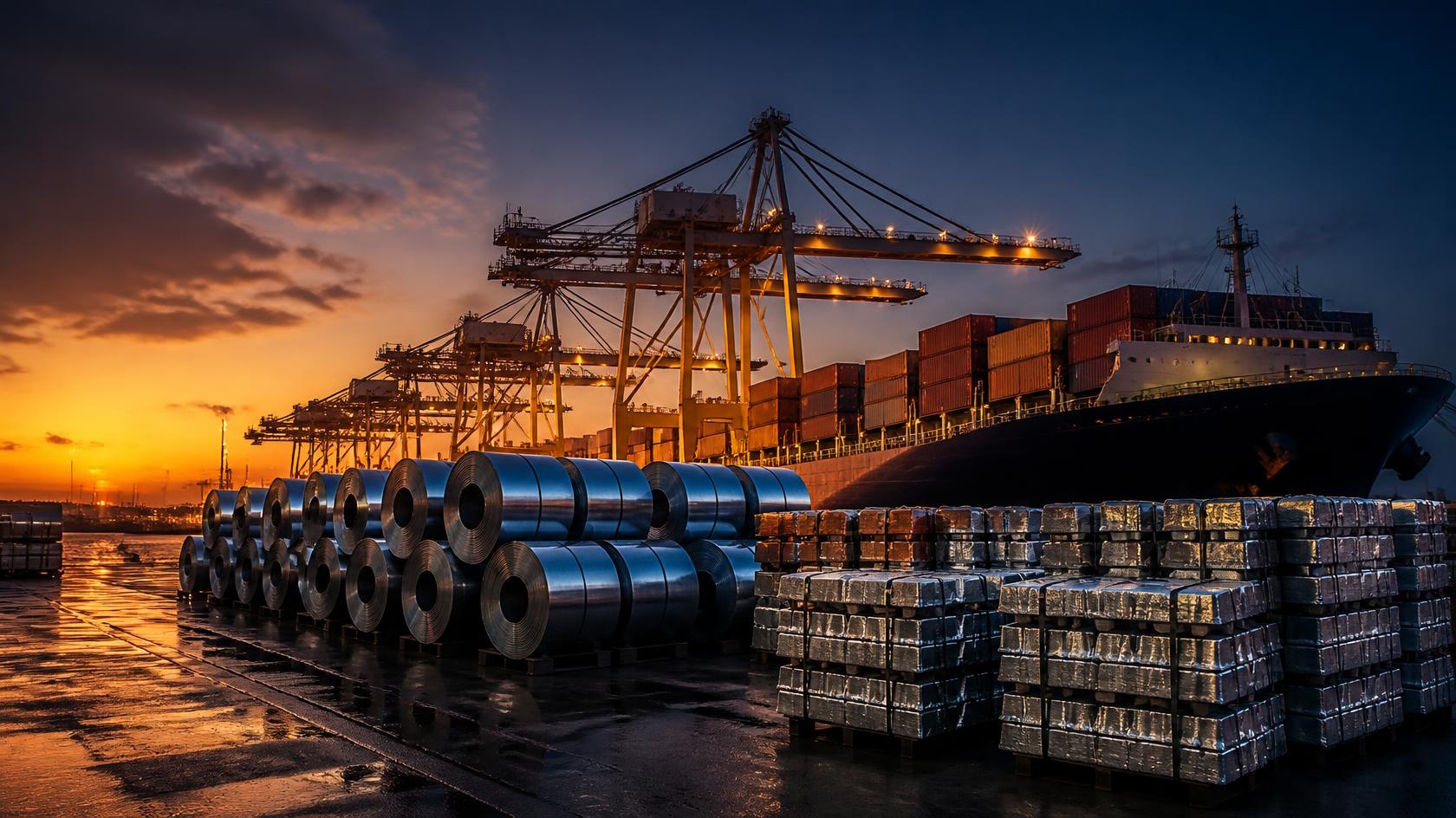 Container port at dusk with steel coils and aluminium on the wharf &mdash; Trade Watch Issue 18