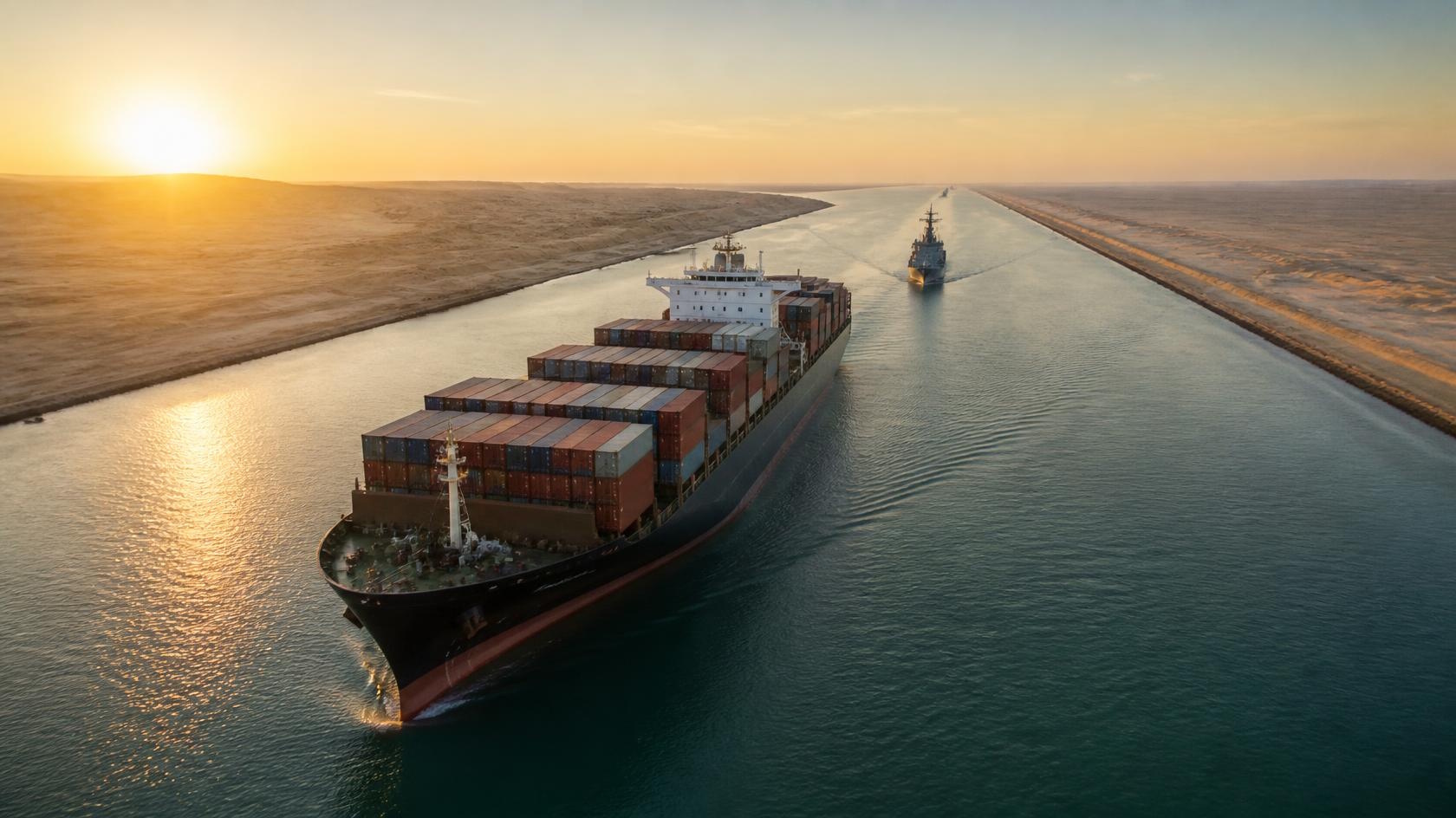 Container ship transiting a desert canal with naval escort &mdash; Trade Watch Issue 18