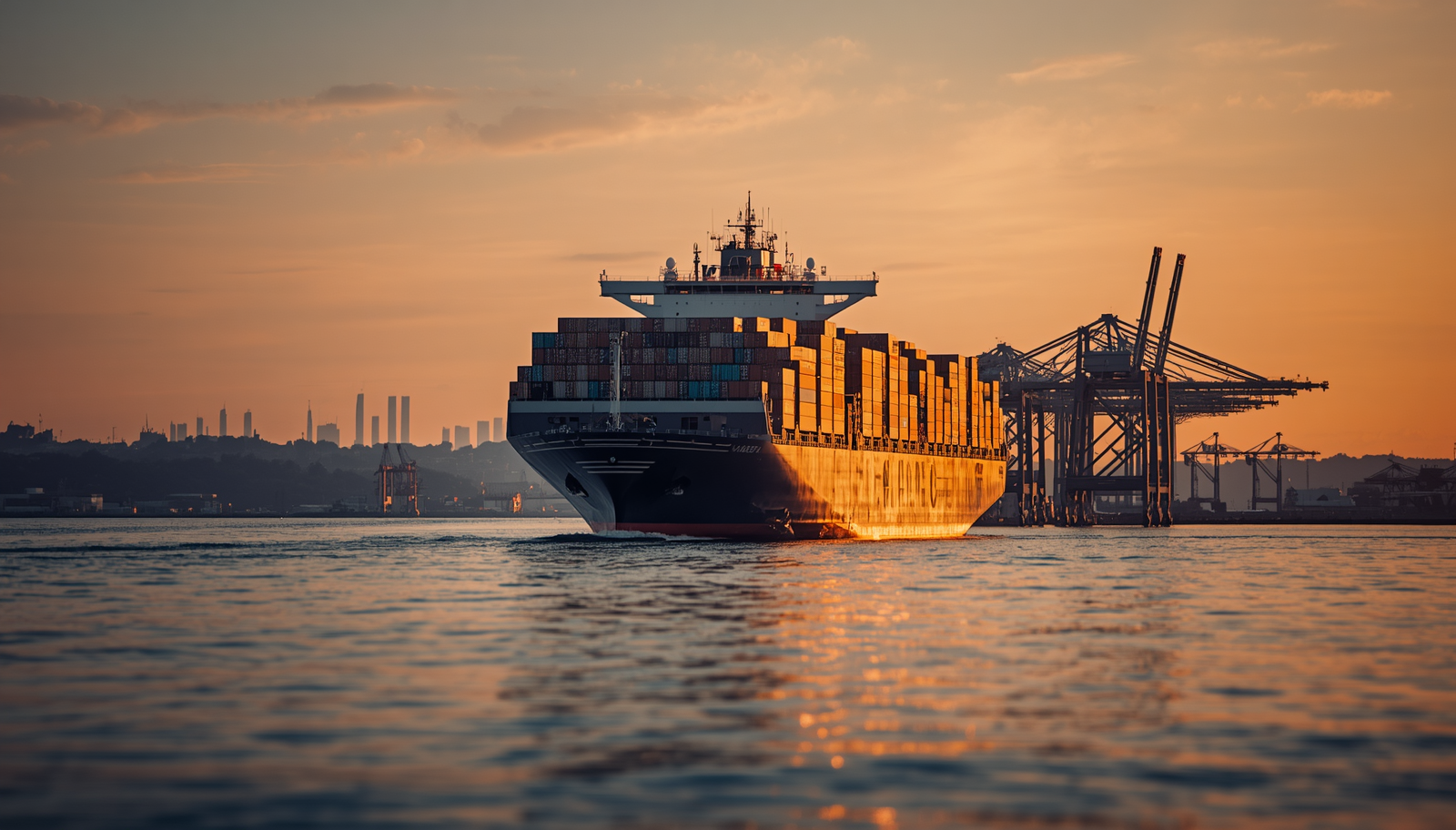 Container ship approaching a United States port at dawn