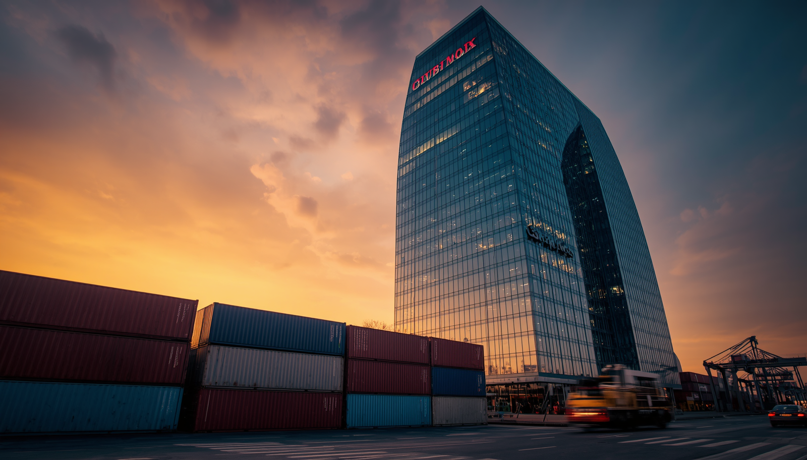 Bank tower and shipping containers at dusk
