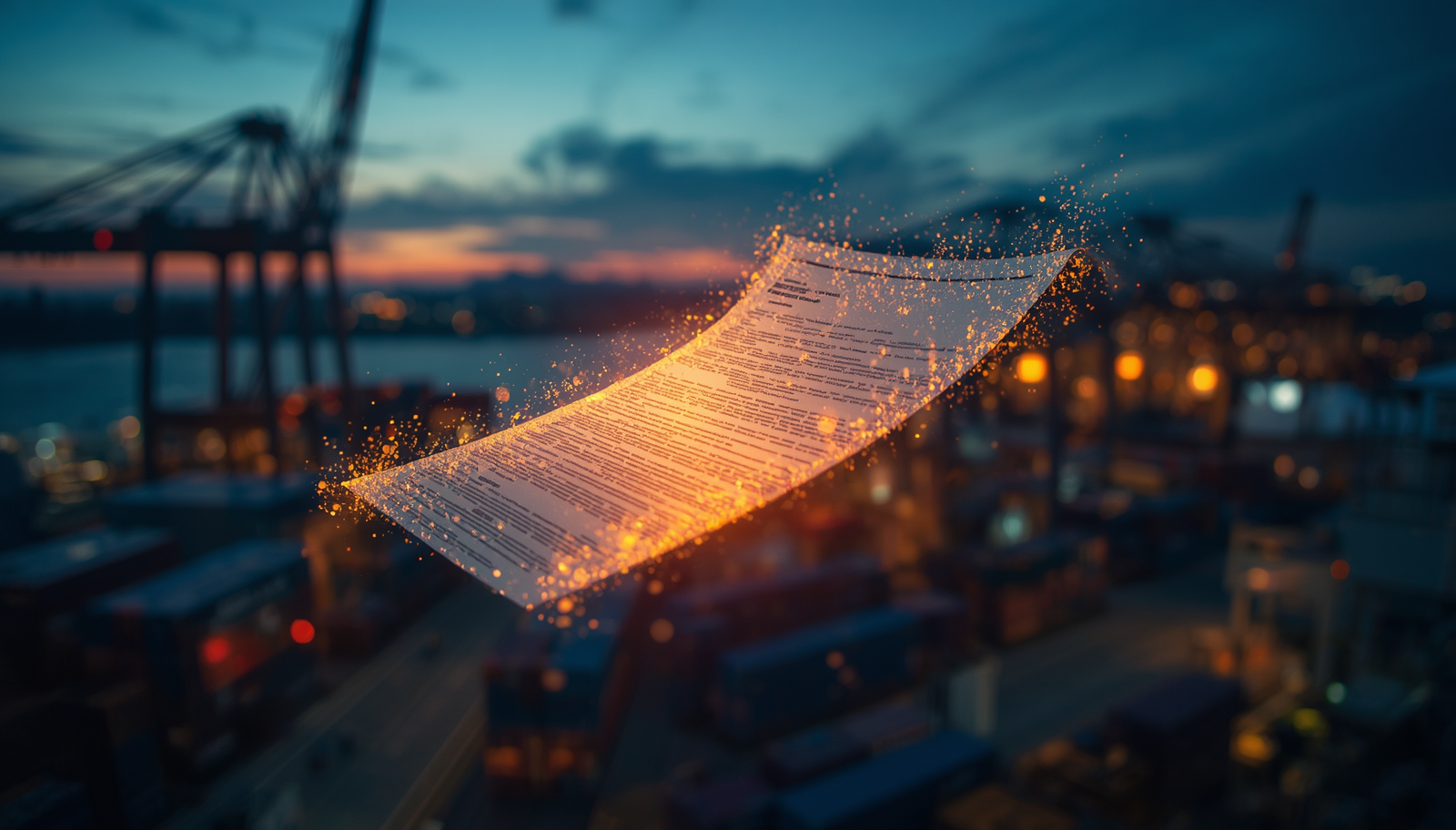 A bill of lading transforming into digital code over a container terminal