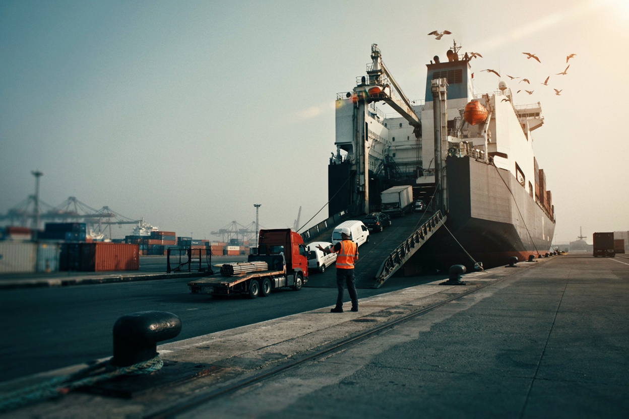 RoRo vessel with stern ramp lowered, vehicles being driven aboard