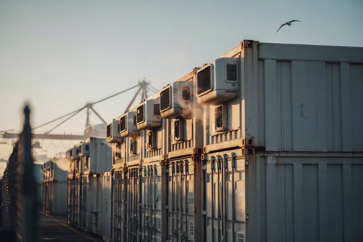 Refrigerated reefer containers stacked at a port terminal with cooling units running