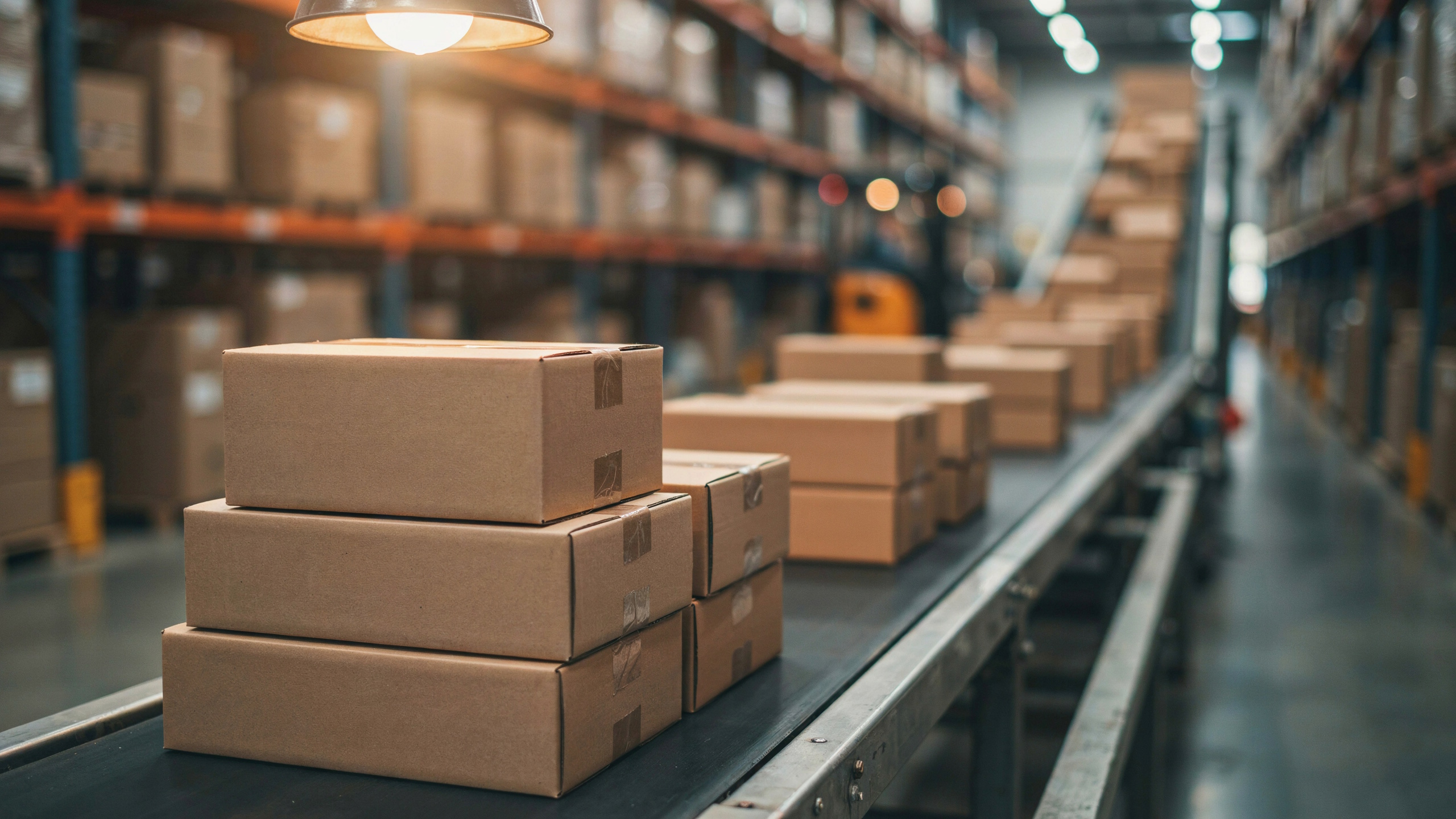 Small parcel boxes stacked on a warehouse conveyor belt, warm amber industrial lighting